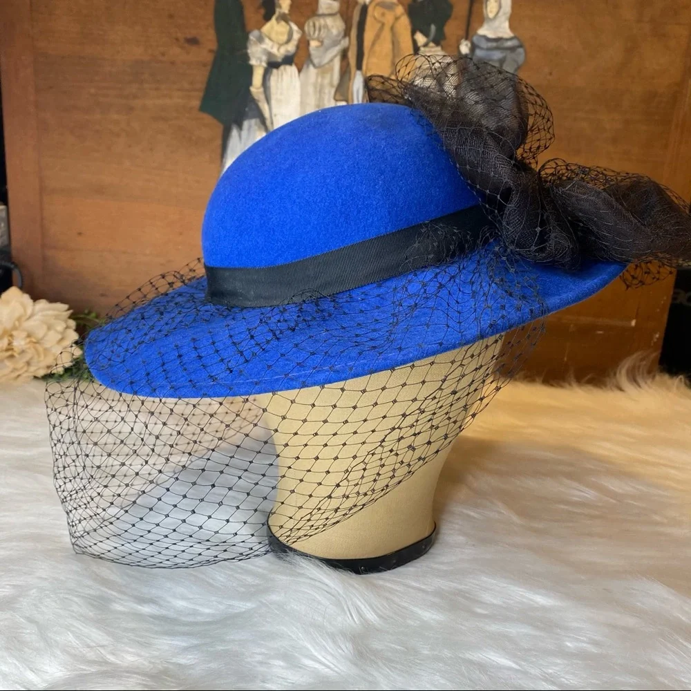 Royal Blue Women's Felt Hat with Black Veil - Picture 4 of 11